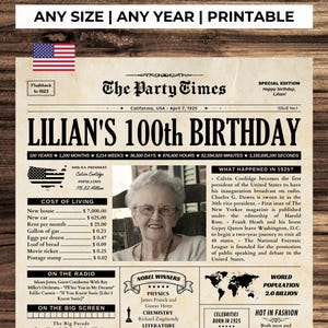Cadeau de 100e anniversaire, affiche de journal imprimable d'anniversaire de 1925, il y a 100 ans en 1925, carte d'anniversaire personnalisée, décorations de 100e anniversaire