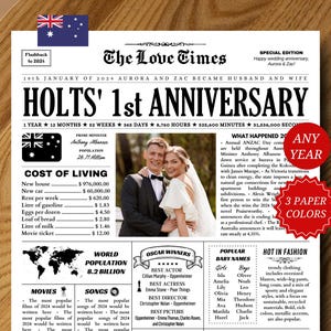 Regalo del primer aniversario, edición australiana del periódico de bodas, tarjeta del primer aniversario de bodas, decoraciones de papel para aniversario, un año juntos