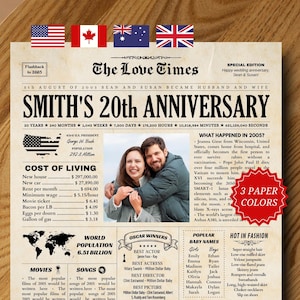 20th Anniversary Gift, 20 Year Anniversary Gift for Husband or Wife, 20th Wedding Anniversary Newspaper, Married in 2005, Gift for Couple