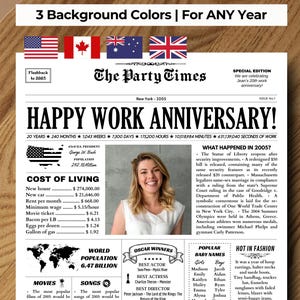 Work Anniversary Gift for Employees, Newspaper Poster for 10, 20, 25, 30, 40, 50 Years, Staff Appreciation & Coworker Gift, ANY YEAR