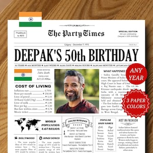 INDIA Geburtstagsgeschenk, 50. Geburtstag Zeitungsposter, 30.40.50.60.70.Geburtstagsschild, druckbare Geburtstagdekorationen, jedes Jahr Poster