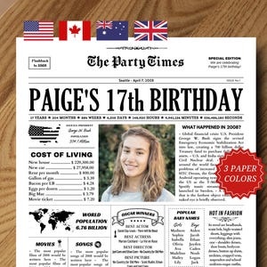 17.Geburtstagsgeschenk für Teen, 2008 Geburtstag Zeitung Poster, 17 Jahre zurück in 2008 Schild, 17.Geburtstag Dekorationen, Teenager Geschenkideen