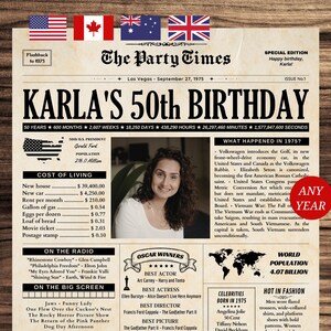 50歳の誕生日プレゼント、1975年の新聞ポスター、パーソナライズされた50歳の誕生日カード、パーティーの記念品、50歳の誕生日の装飾、50年間のお祝いの印刷物