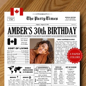 30th Birthday Gift for Her, 1995 Poster CANADA, 30th Birthday Newspaper Sign, Gift for Him, 30 Years Ago Back in 1995, Birthday Decorations
