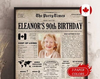 90th Birthday Gift for Grandma or Grandpa, 1934 Canada Birthday Newspaper Poster Sign, 90 Years ago Back in 1934, 90th Birthday Decorations