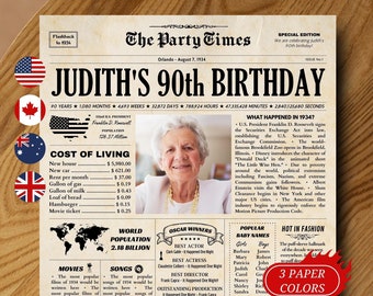 90th Birthday Gift for Grandma or Grandpa, 1934 Birthday Poster, 90th Birthday Newspaper Sign, 90 Years Ago Back in 1934 Highlights