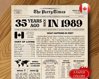 1989 Newspaper CANADA, 35th Birthday Poster Sign, 35 Years ago Back in 1989, Printable Birthday Cards INSTANT DOWNLOAD, 35th Birthday Decor
