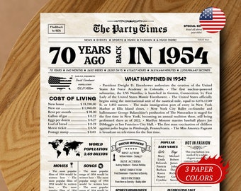 1954 70th Birthday Newspaper Sign, 70th Birthday Gift for Men or Women, What Happened in 1954, 70 Years Ago Back in 1954 Poster PRINTABLE