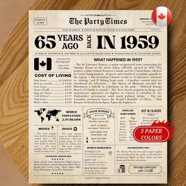 Affiche 1959 Canada, cadeau d'anniversaire pour homme ou femme, affiche de journal 1959 édition canadienne, décorations pour 65e anniversaire TÉLÉCHARGEMENT IMMÉDIAT