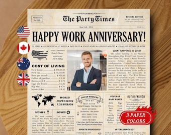 Work Anniversary Gift, Personalized Gift for Employees, 10 Year Work Gift, 25 Year Works Gift, Happy Anniversary Newspaper, Any Year Poster