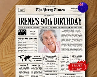 1934 AUSTRALIA, 90th Birthday Newspaper Poster Sign, 90th Birthday Gift for Grandma or Grandpa, Printable Birthday Decorations