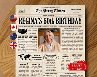 Personalized 60th Birthday Newspaper Sign, 1964 Birthday Poster, 60th Birthday Gift for Men or Women, 60 Years Ago Back in 1964 Highlights