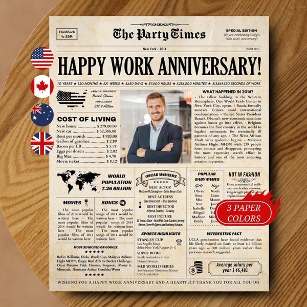 Work Anniversary Gift, Personalized Gift for Employees, 10 Year Work Gift, 25 Year Works Gift, Happy Anniversary Newspaper, Any Year Poster