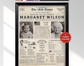100th Birthday Gift | Back in 1926 Newspaper Poster | Newspaper with 2 Photos | Printable Digital