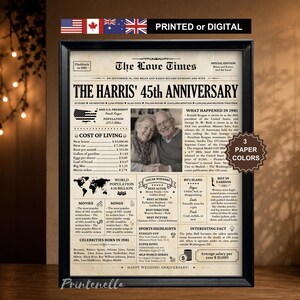 May include: Framed print celebrating the Harris' 45th wedding anniversary, designed as a newspaper front page. Features a photo of the couple, headlines, and details about 1981. Includes the text "PRINTED or DIGITAL".