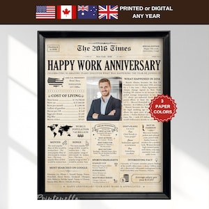 Puede incluir: Un póster enmarcado estilo periódico titulado The 2016 Times, con una fotografía central de una persona en traje. El texto incluye Happy Work Anniversary, estadísticas del costo de vida, población mundial, películas, canciones y deportes.