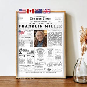 Puede incluir: Impresión enmarcada del periódico "The 1926 Times", que celebra el 100 cumpleaños de Franklin Miller. El diseño vintage incluye titulares, una foto de Miller y datos históricos de 1926. Incluye banderas de EE. UU., Canadá, Australia y el Reino Unido.