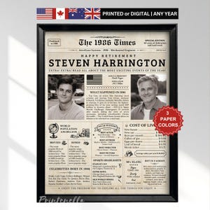 May include: A framed black and white print titled "The 1986 Times" celebrating Steven Harrington's retirement. The print includes photos, headlines, and facts from 1986, such as movies, songs, and cost of living. The print is available in 3 paper colors.