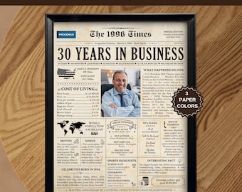 Business Anniversary Newspaper, Company Anniversary Gift for Boss, Years in Business Card, Work Anniversary Gift,  ANY YEAR