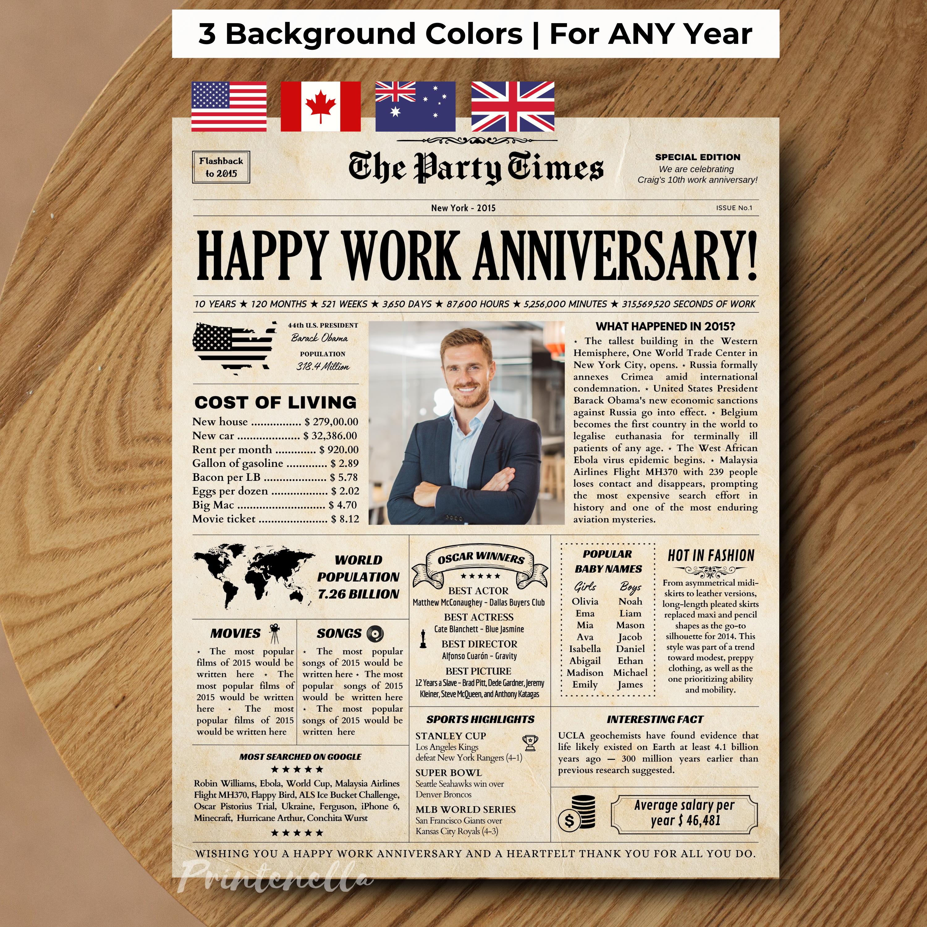 Work Anniversary Gift, Personalized Gift for Employees, 10 Year Work Gift, 25 Year Works Gift, Happy Anniversary Newspaper, Any Year Poster