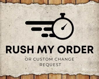 May include: Black and white graphic of a stopwatch with a speed line, with the text "Rush My Order or Custom Change Request".