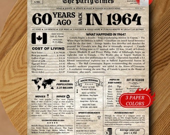 60th Birthday CANADA Newspaper Sign, Back in 1964 Poster Canadian Version, 1964 Poster INSTANT DOWNLOAD, 60th Birthday Party Decorations