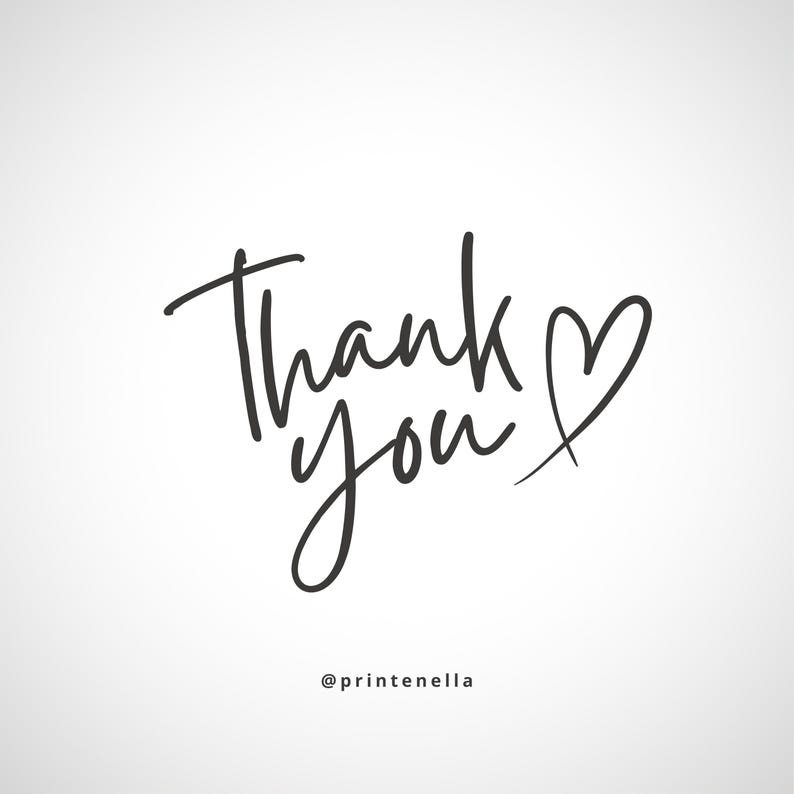 May include: A minimalist design featuring the handwritten phrase "Thank you" in black script, accompanied by a heart symbol. The text is set against a clean white background, with the Instagram handle "@printenella" at the bottom.