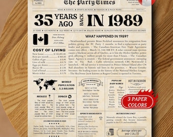 1989 Newspaper CANADA, 35th Birthday Poster Sign, 35 Years ago Back in 1989, Printable Birthday Cards INSTANT DOWNLOAD, 35th Birthday Decor