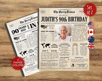 Geschenk zum 90. Geburtstag für Oma oder Opa, Zeitungsplakat zum Geburtstag von 1934, 90 Jahre vor 1934, druckbare Dekorationen zum 90. Geburtstag