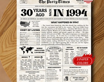 1994 30th Birthday Newspaper Sign, 1994 Birthday Poster, 30 Years Ago Back In 1994, What Happened 1994, 30th Birthday Decorations PRINTABLE