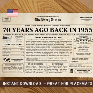 70th Birthday Paper Placemat, Back in 1955 Placemat Printable, 70th Birthday Newspaper Sign, 70th Birthday Decorations, The Party Times 1955