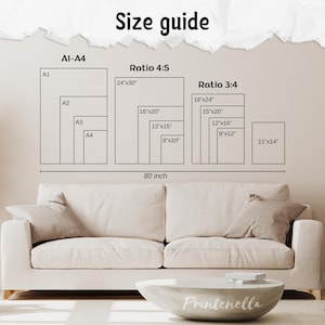 May include: A size guide graphic displays various rectangular print sizes, including A1-A4, ratios 4:5, and 3:4, with measurements in inches. The text "Size guide" is at the top. The graphic is above a white sofa and a concrete coffee table.