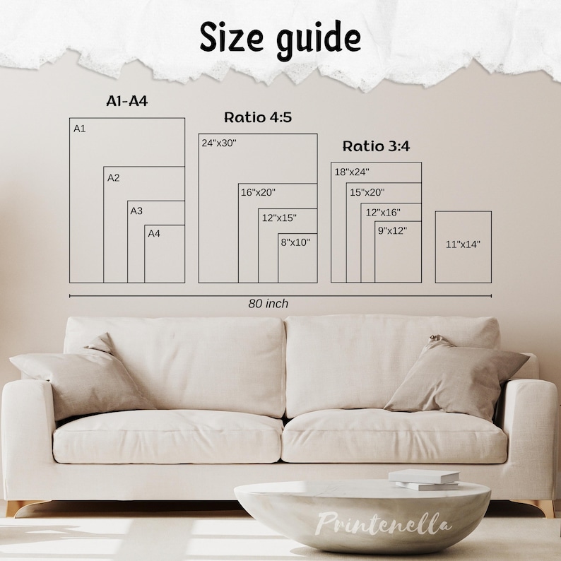 May include: A size guide graphic displays various rectangular print sizes, including A1-A4, ratios 4:5, and 3:4, with measurements in inches. The text "Size guide" is at the top. The graphic is above a white sofa and a concrete coffee table.