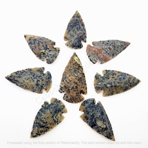 May include: Seven agate arrowheads with a brown, white and black mottled pattern.