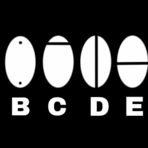 May include: A black and white graphic showing six white oval shapes labeled A through F. Each oval has a different design, including dots, lines, and divisions. The background is solid black.