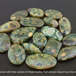 May include: A collection of 18 green, brown, and orange polished ocean jasper cabochons. The cabochons are various shapes and sizes, with a speckled pattern.