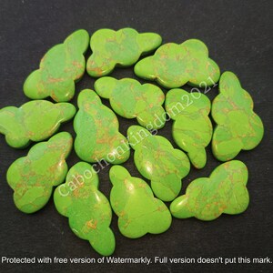 Peut inclure: Une collection de 14 cabochons en forme de papillon vert et or. Les cabochons sont faits d'une pierre verte avec des veines dorées qui la traversent.