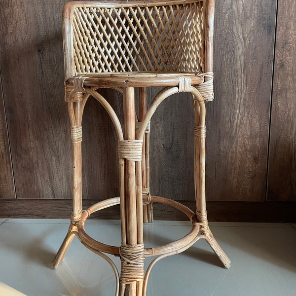 Cane Bar Stool with Back Rest and Four Sturdy Legs - Versatile Kitchen/Bar/Cafe Seating - Handmade