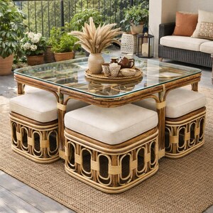 May include: A square glass-topped coffee table with a natural rattan frame and four matching square ottomans featuring beige upholstered cushions, arranged neatly underneath the table surface to create a compact seating set.