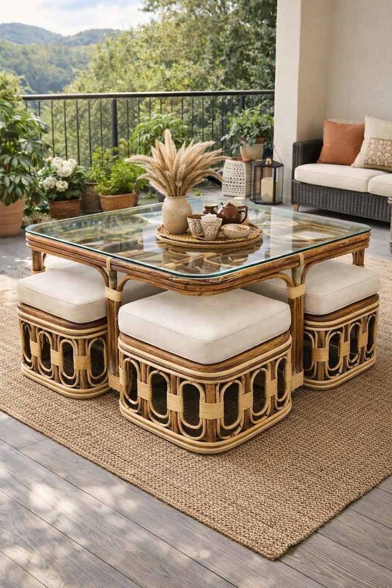 May include: A square glass-topped coffee table with a natural rattan frame and four matching square ottomans featuring beige upholstered cushions, arranged neatly underneath the table surface to create a compact seating set.