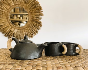 Longpi Black Pottery 100% Natural Tea Set - 1 Teapot + 2 Tea Cups  -  Express Delivery in 3-5 days