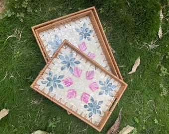 Handmade Rattan and Mother of Pearl Rectangle Tray Set - Available Individually or as a Set of 3
