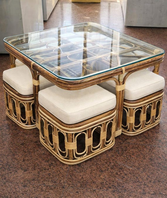 Handmade Rattan Coffee Table Set with 4 Stools | Boho Natural Cane Furniture