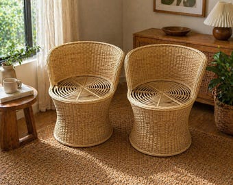 Set of 2 Handwoven Cane Chairs | Natural Rattan Accent Chairs | Handmade Sustainable Furniture | Boho Minimal Seating