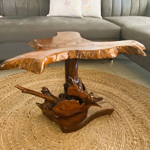 May include: A rustic wooden coffee table with a unique, natural, tree trunk base and a wide, flat top. The table is made of dark brown wood and has a natural, organic shape.