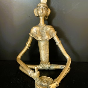 Handcrafted Dokra Art Tribal Woman with Ancient Hand Mill - Brass Sculpture (14 cm x 12 cm x 8 cm)