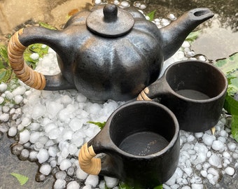 Longpi Black Pottery Handmade Tea Set - 1 Teapot + 2 Cups