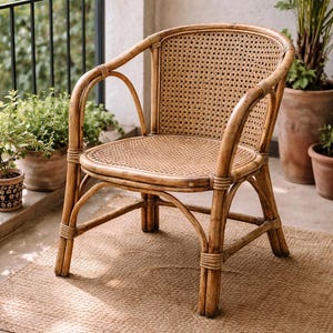 Op de afbeelding: Een natuurlijke rotan stoel met een geweven zitting en rugleuning. De stoel heeft gebogen armleuningen en poten en staat op een geweven jute vloerkleed. De stoel staat in een goed verlichte buitenomgeving met potplanten.