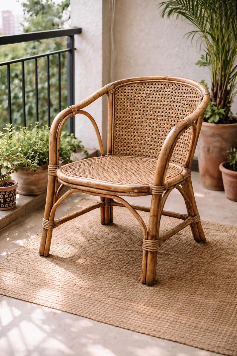 Op de afbeelding: Een natuurlijke rotan stoel met een geweven zitting en rugleuning. De stoel heeft gebogen armleuningen en poten en staat op een geweven jute vloerkleed. De stoel staat in een goed verlichte buitenomgeving met potplanten.