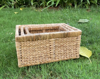 Water Hyacinth Multi-Utility Basket Set of Three with Wooden Frame - Rustic Home Storage